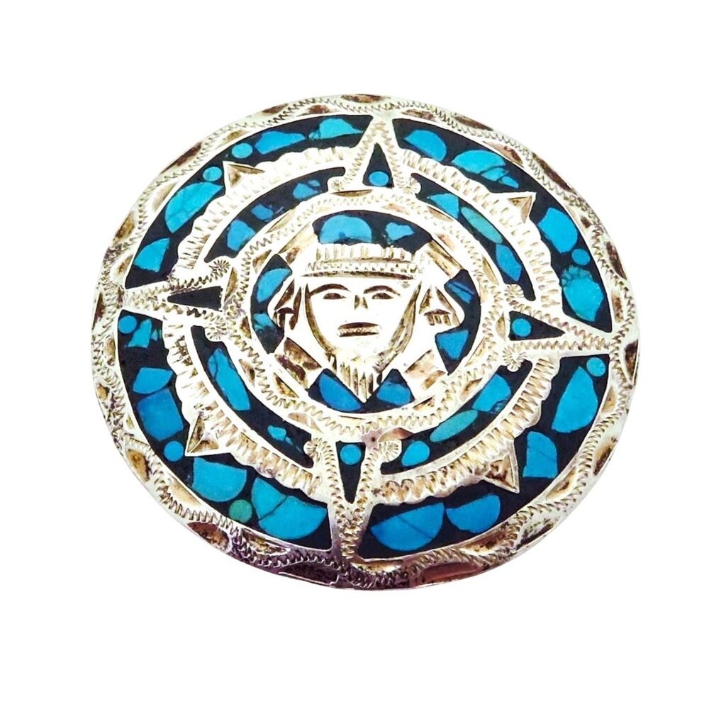 Vintage Taxco Mexico Sterling Silver Turquoise Aztec Sun Calendar Pendant Brooch